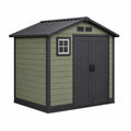 Abri de jardin 214 x 218 x 226 cm en résine vert olive et noir avec double porte et fenêtre