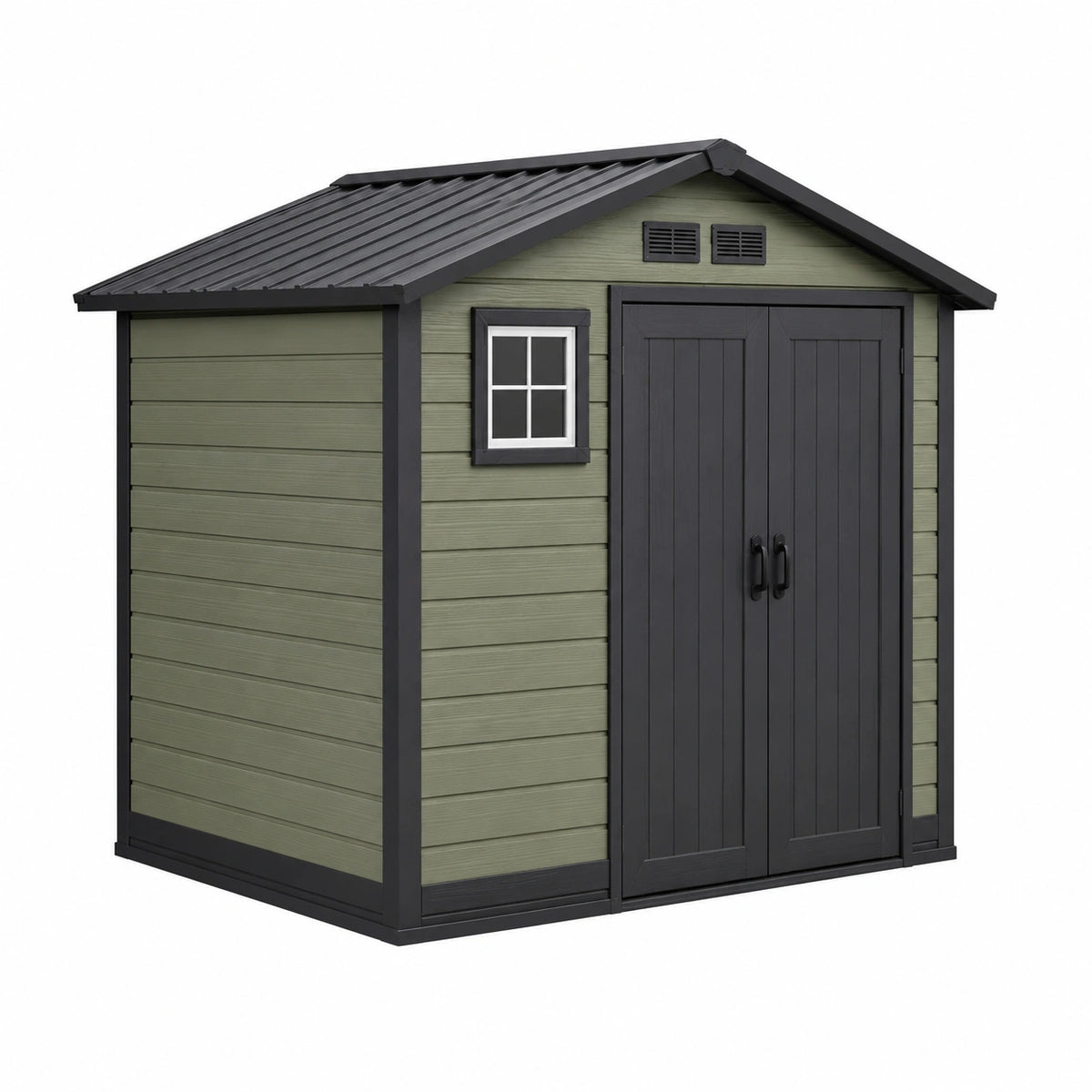Abri de jardin 214 x 218 x 226 cm en résine vert olive et noir avec double porte et fenêtre