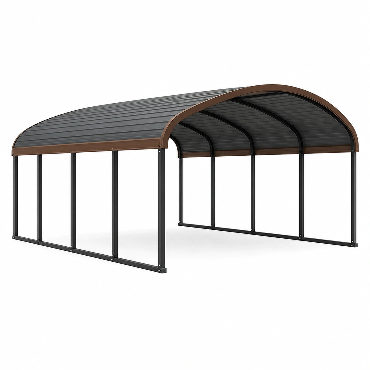 Abri voiture 600 x 300 x 280 cm acier polycarbonate noir marron toit cintré extérieur