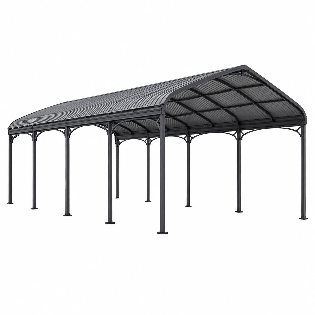 Abri voiture 600 x 300 x 280 cm en acier noir avec toit en polycarbonate arqué pour extérieur