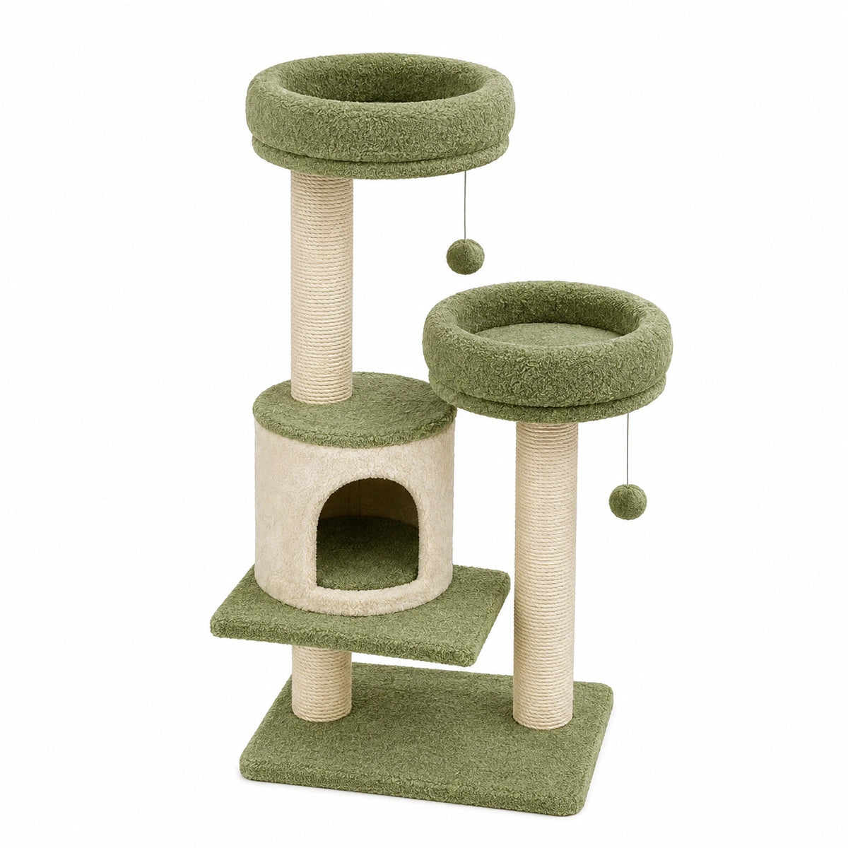 Arbre à chat 50 x 50 x 120 cm en tissu peluche vert avec poteaux à griffer et niche