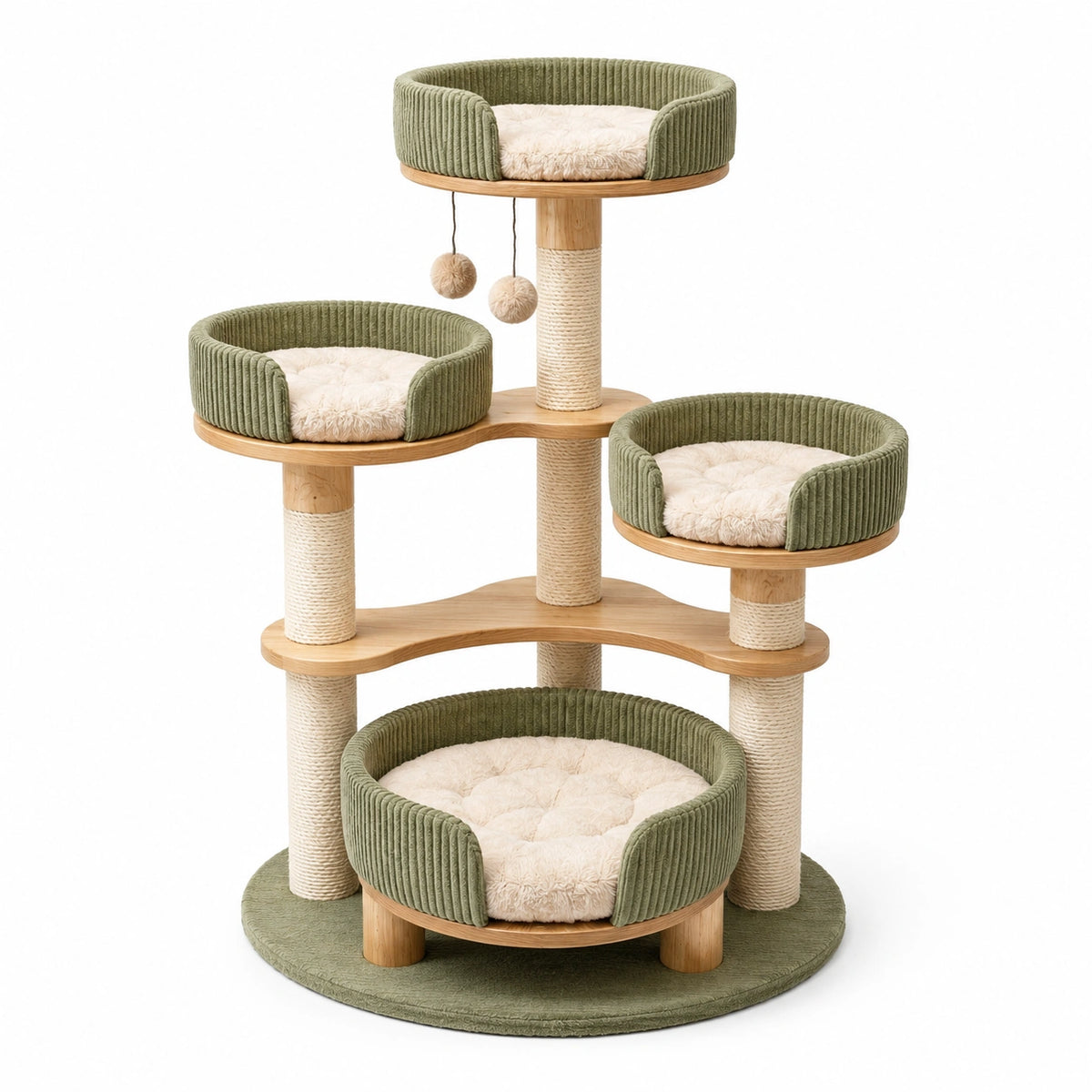 Arbre à chat 90 x 70 x 145 cm en bois et corde de sisal vert avec plateformes de repos