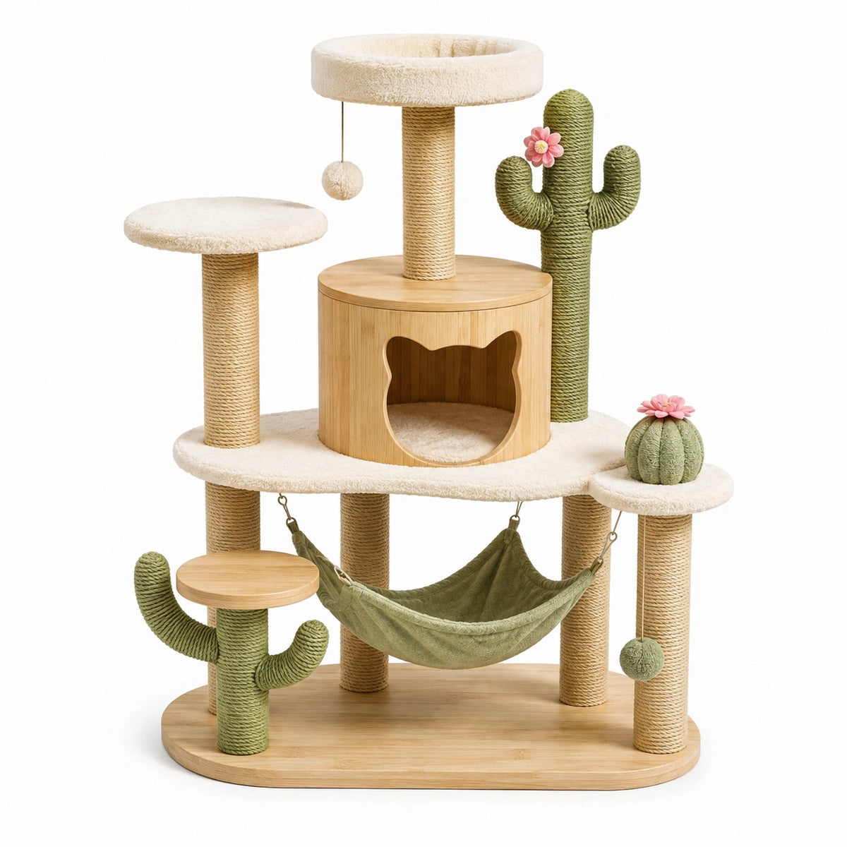 Arbre à chat 80 x 50 x 150 cm en bois beige vert avec griffoirs et hamac
