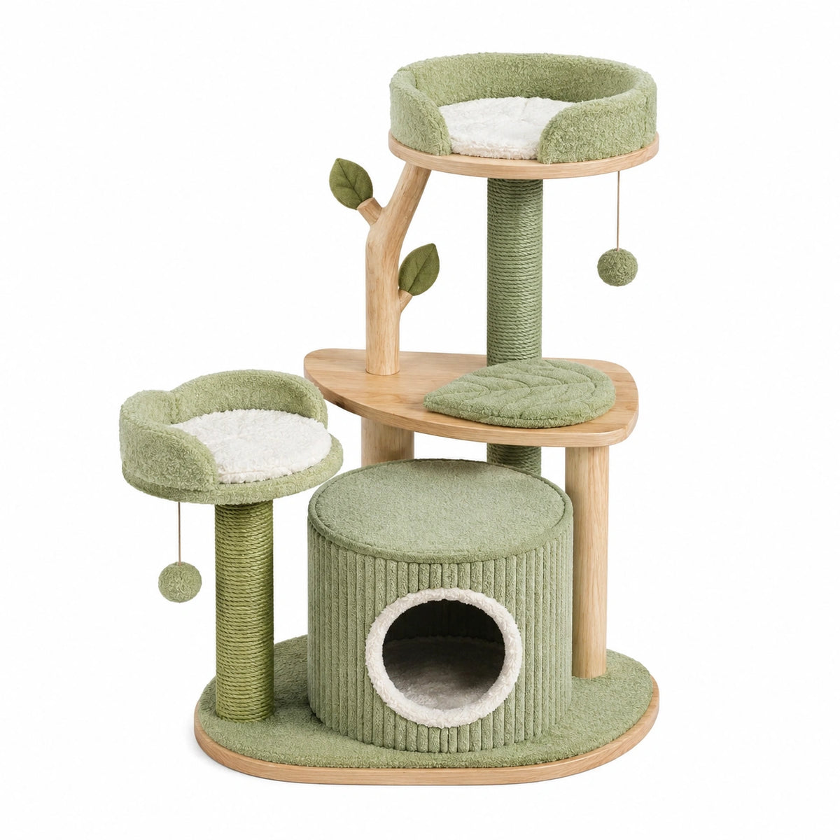 Arbre à chat 60 x 50 x 120 cm en bois et sisal vert avec niches plateformes et griffoirs