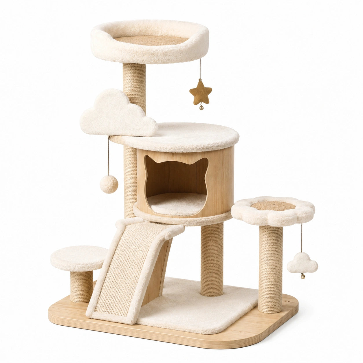 Arbre à chat 60 x 50 x 120 cm en bois beige avec griffoir et niches