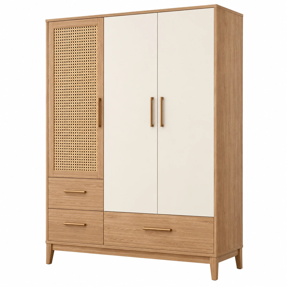 Armoire de rangement 120 x 50 x 200 cm en panneaux finition chêne clair blanc cassé et cannage style naturel