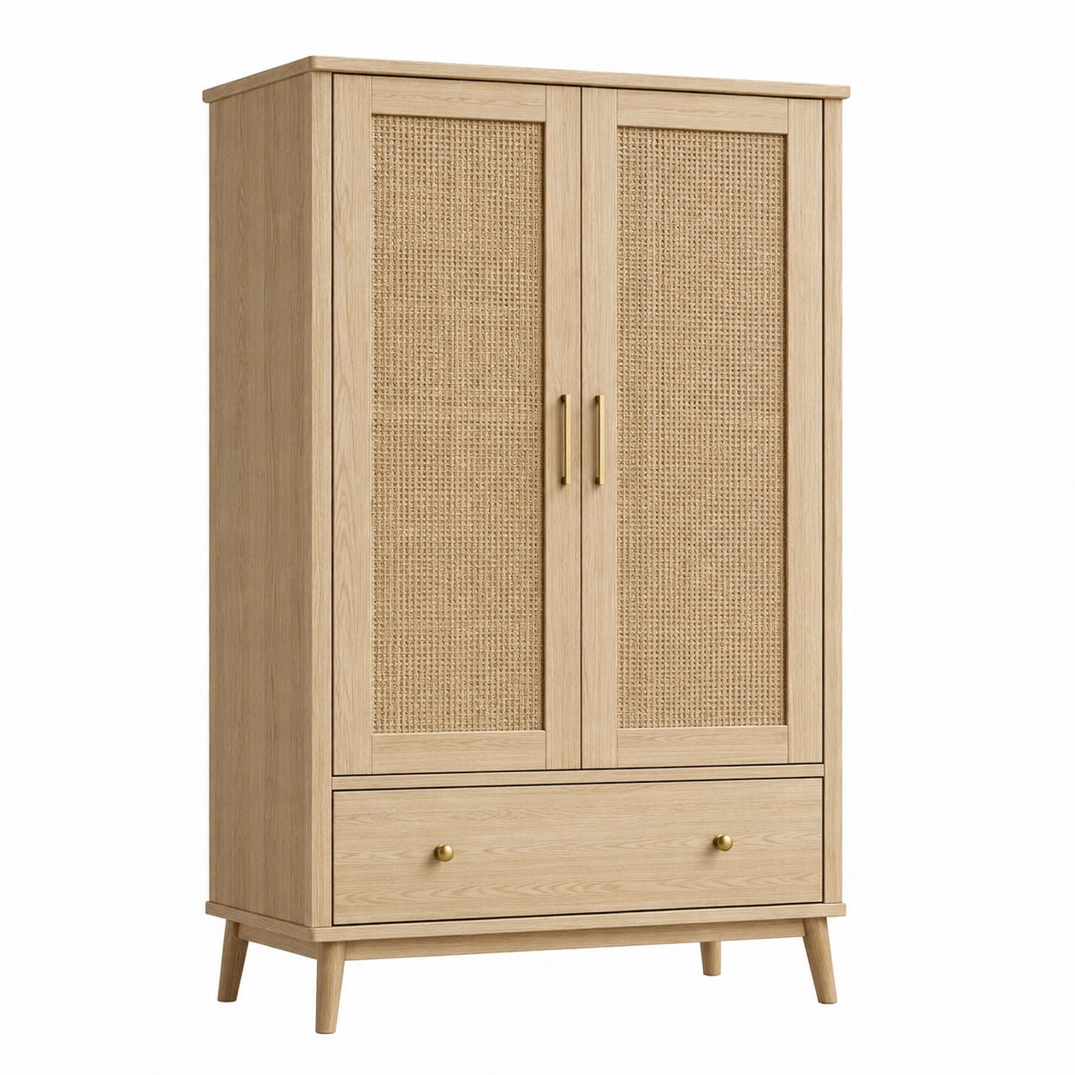 Armoire de rangement 90 x 50 x 180 cm bois clair et cannage - 2 portes 1 tiroir style naturel