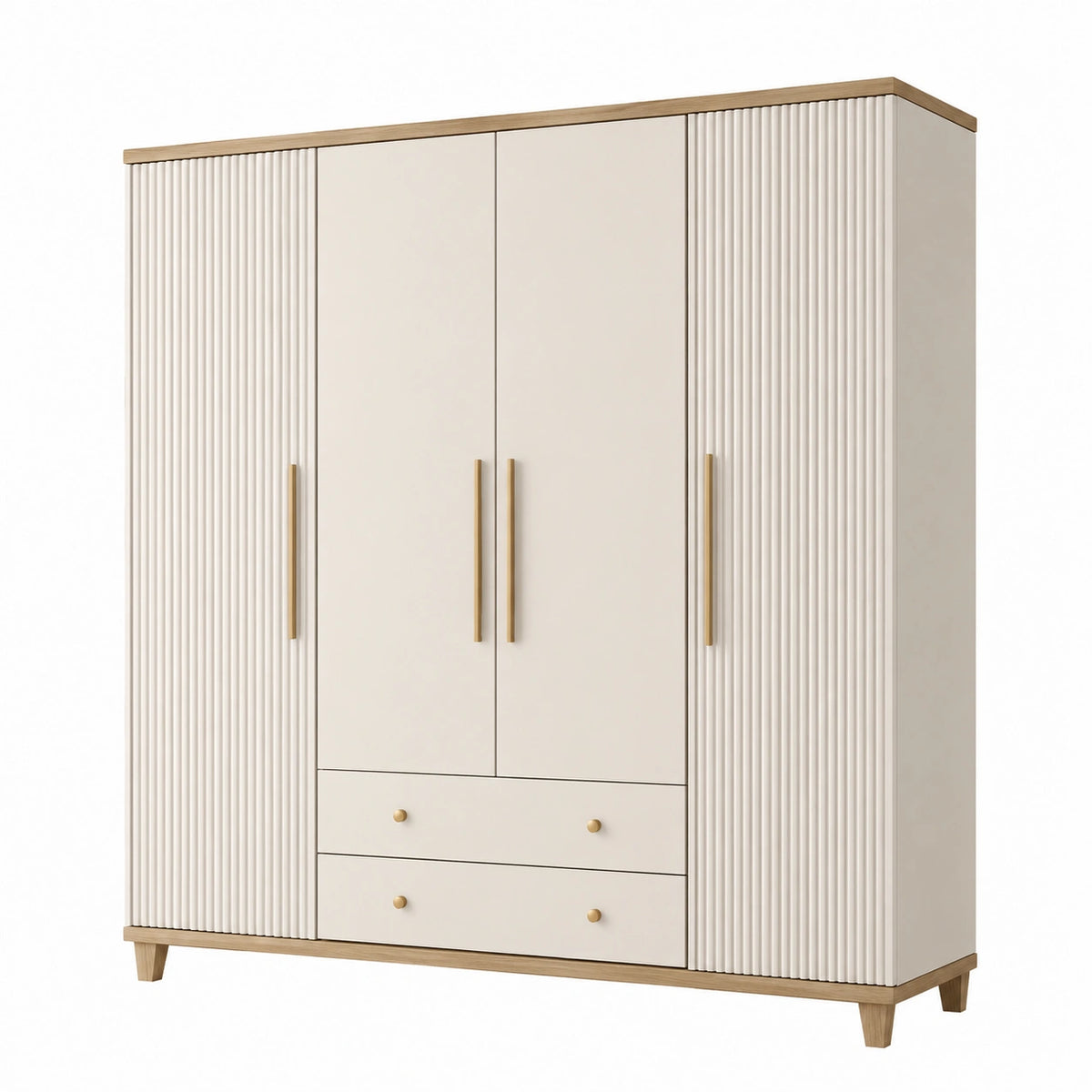 Armoire 160 x 55 x 200 cm en panneaux de bois blanc et bois naturel à 4 portes avec tiroirs