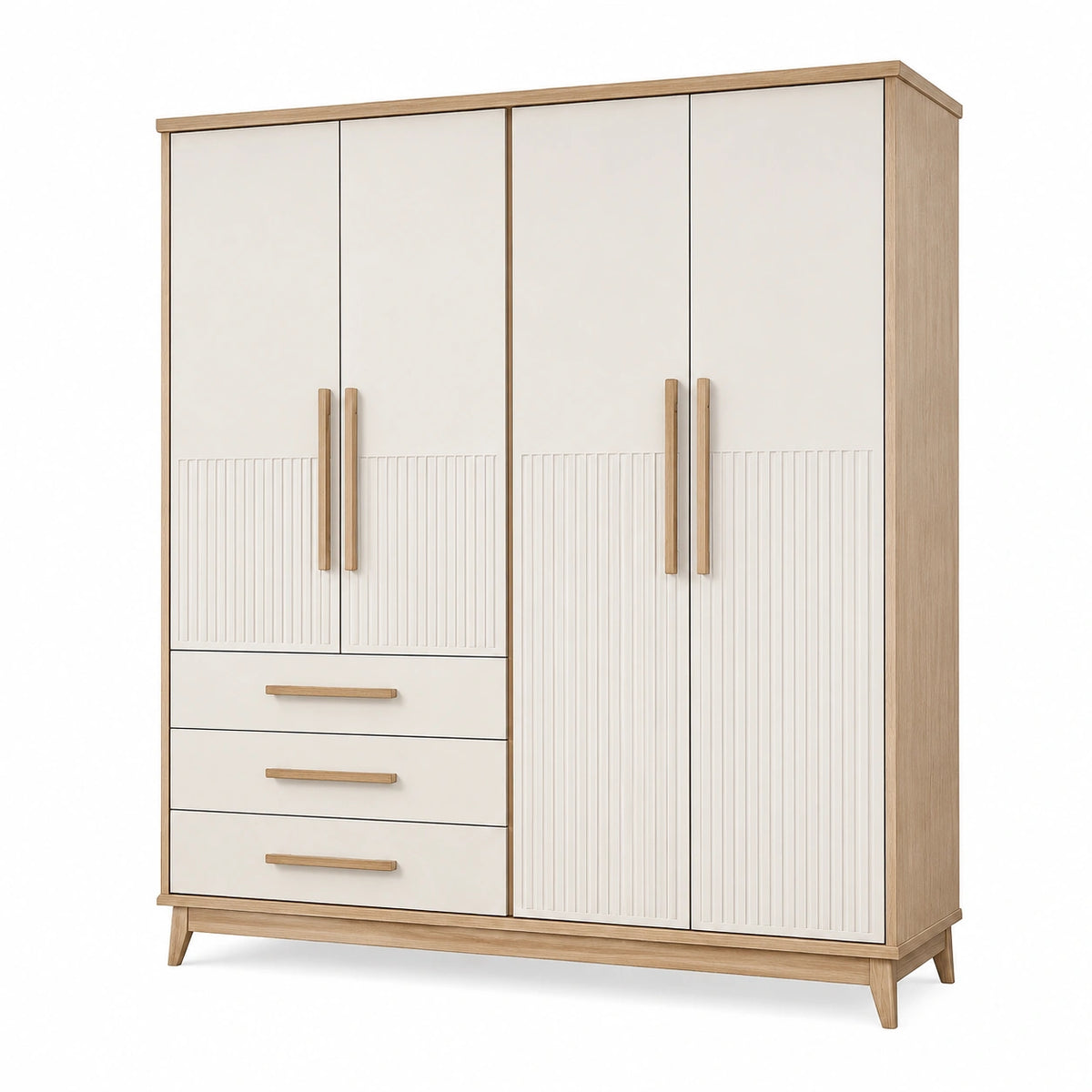 Armoire 160 x 55 x 200 cm en panneaux de bois blanc et chêne avec 4 portes et 3 tiroirs style scandinave
