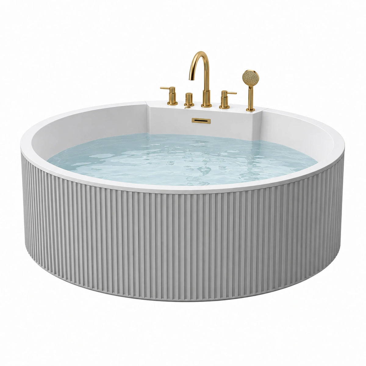 Baignoire ronde 150 cm en acrylique blanche et grise à poser avec robinetterie dorée contemporaine