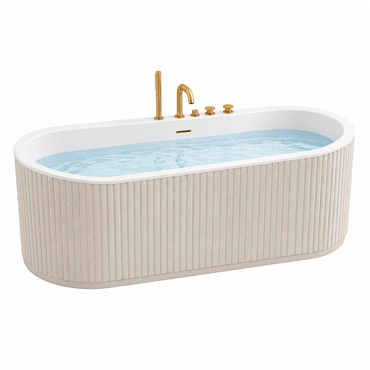 Baignoire îlot 170 cm en acrylique blanche et beige avec robinetterie dorée style contemporain
