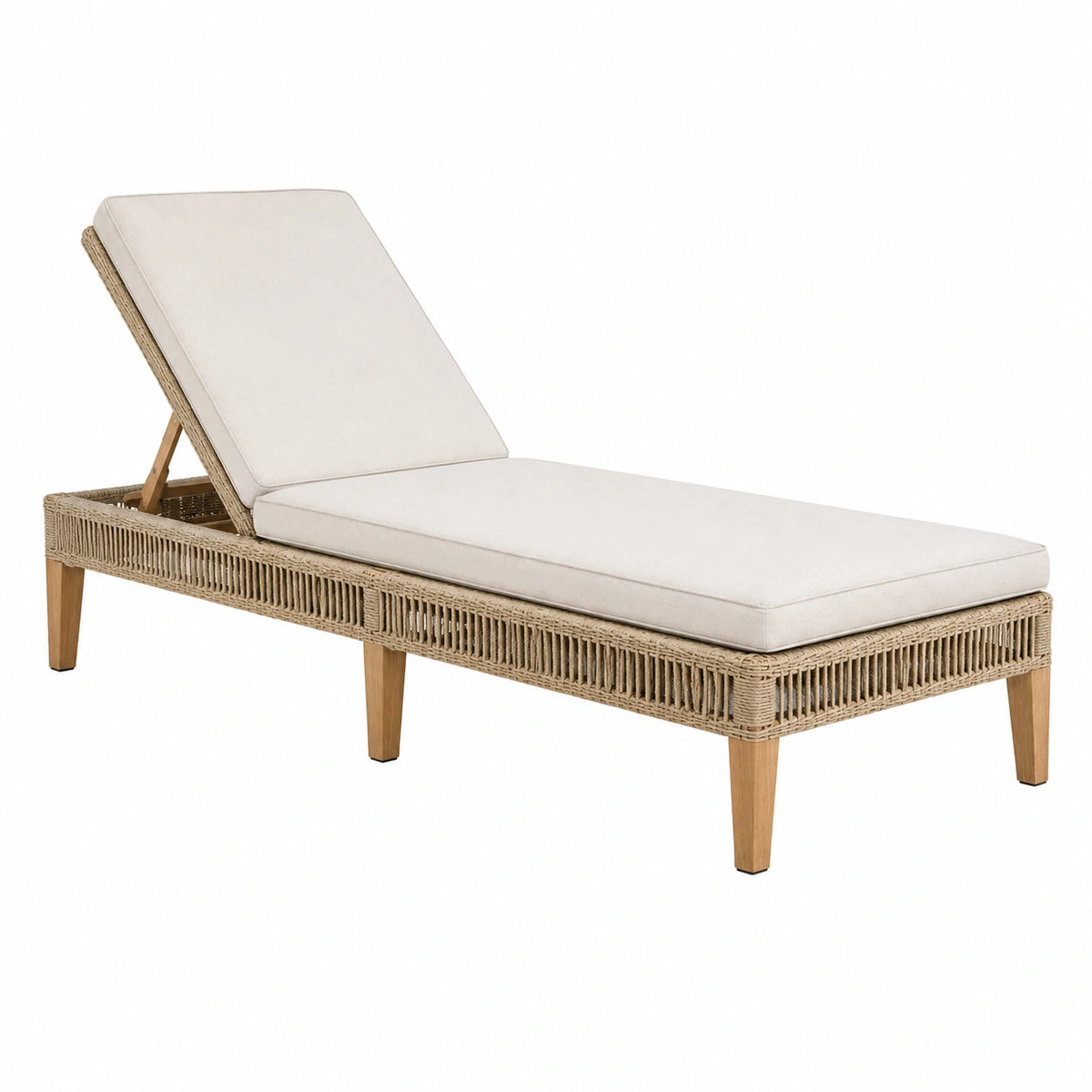 Chaise longue de jardin 200 x 70 cm en bois et corde tressée beige avec dossier réglable