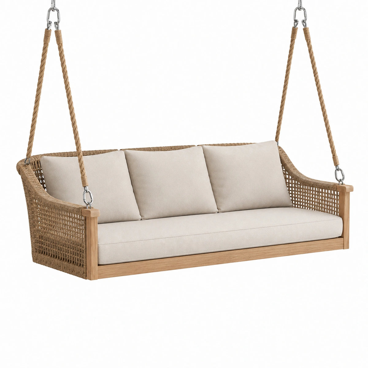 Canapé balancelle suspendu 180 x 75 x 170 cm en bois et corde beige style naturel pour extérieur