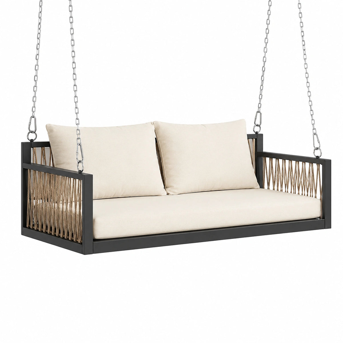 Balancelle suspendue 130 x 70 x 65 cm en métal et corde noir beige pour extérieur