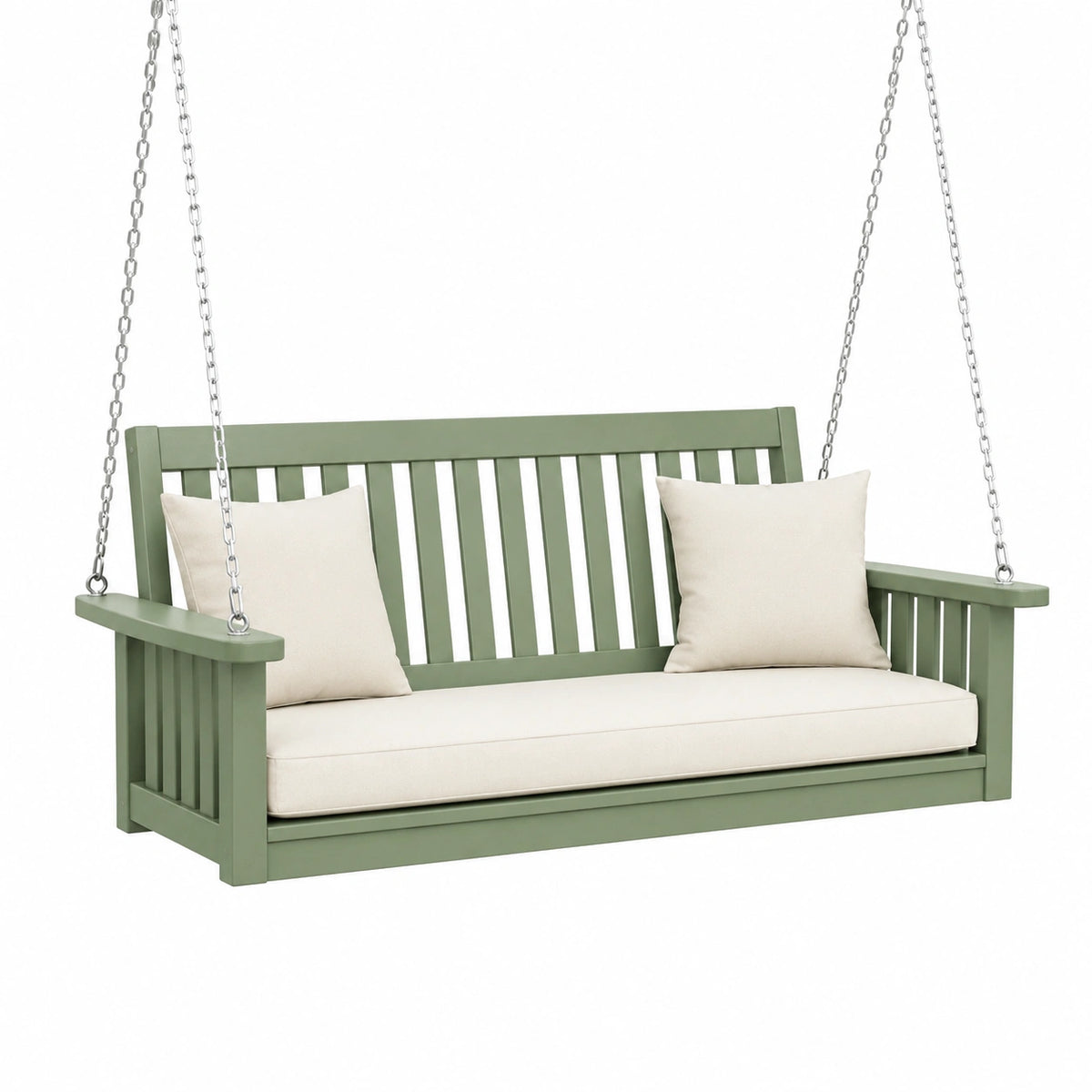 Balancelle de jardin 160 cm en bois vert avec chaînes métalliques style classique