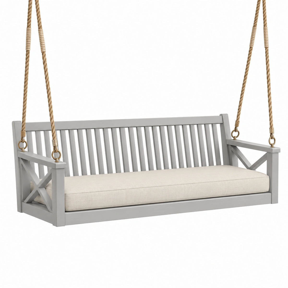 Balancelle suspendue 150 x 65 x 60 cm en bois gris pour extérieur avec cordes