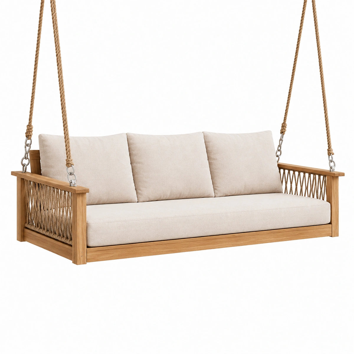 Balancelle suspendue 180 x 75 x 65 cm en bois et corde beige pour extérieur style naturel